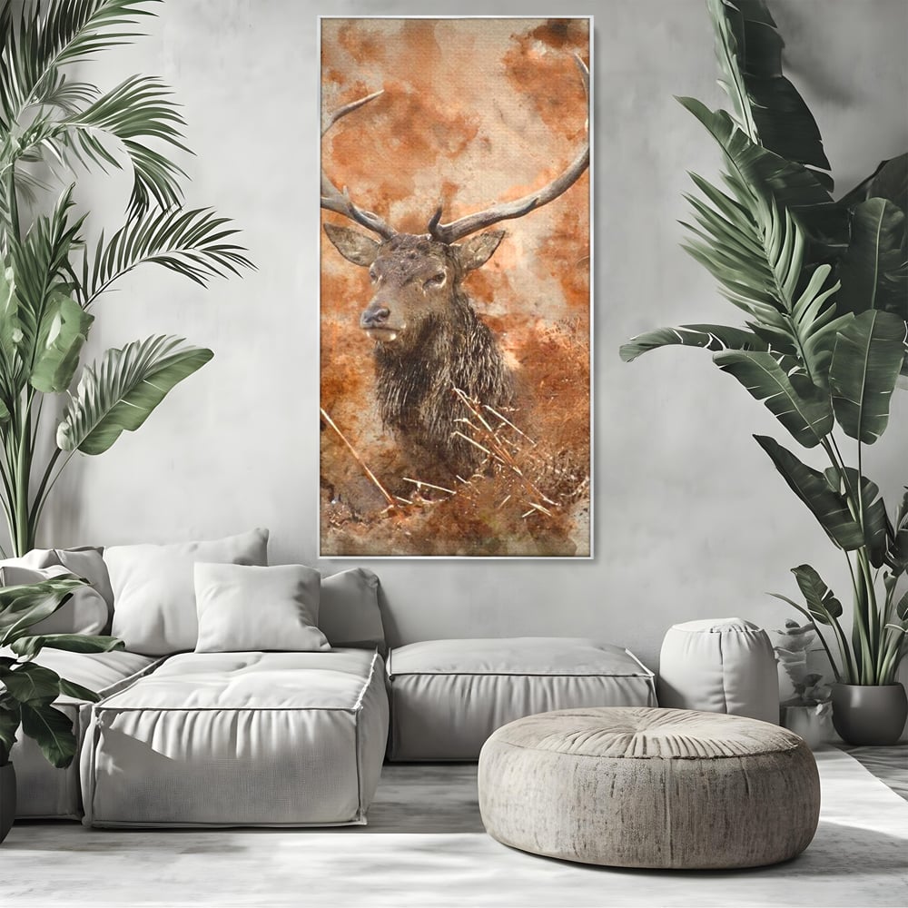 Tablou canvas cu tablou canvas cu cerb in padure, in rama de aluminiu argintiu, pe perete intr-un living
